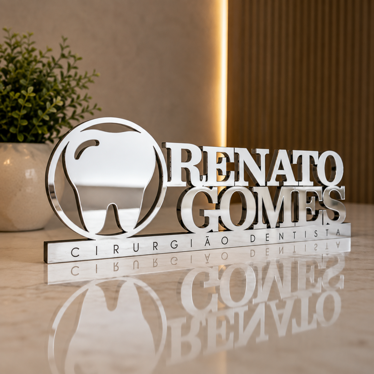 Letreiro de mesa em acrílico personalizado para dentistas e clínicas odontológicas. Ideal para recepção e consultório, com corte a laser e acabamento moderno.