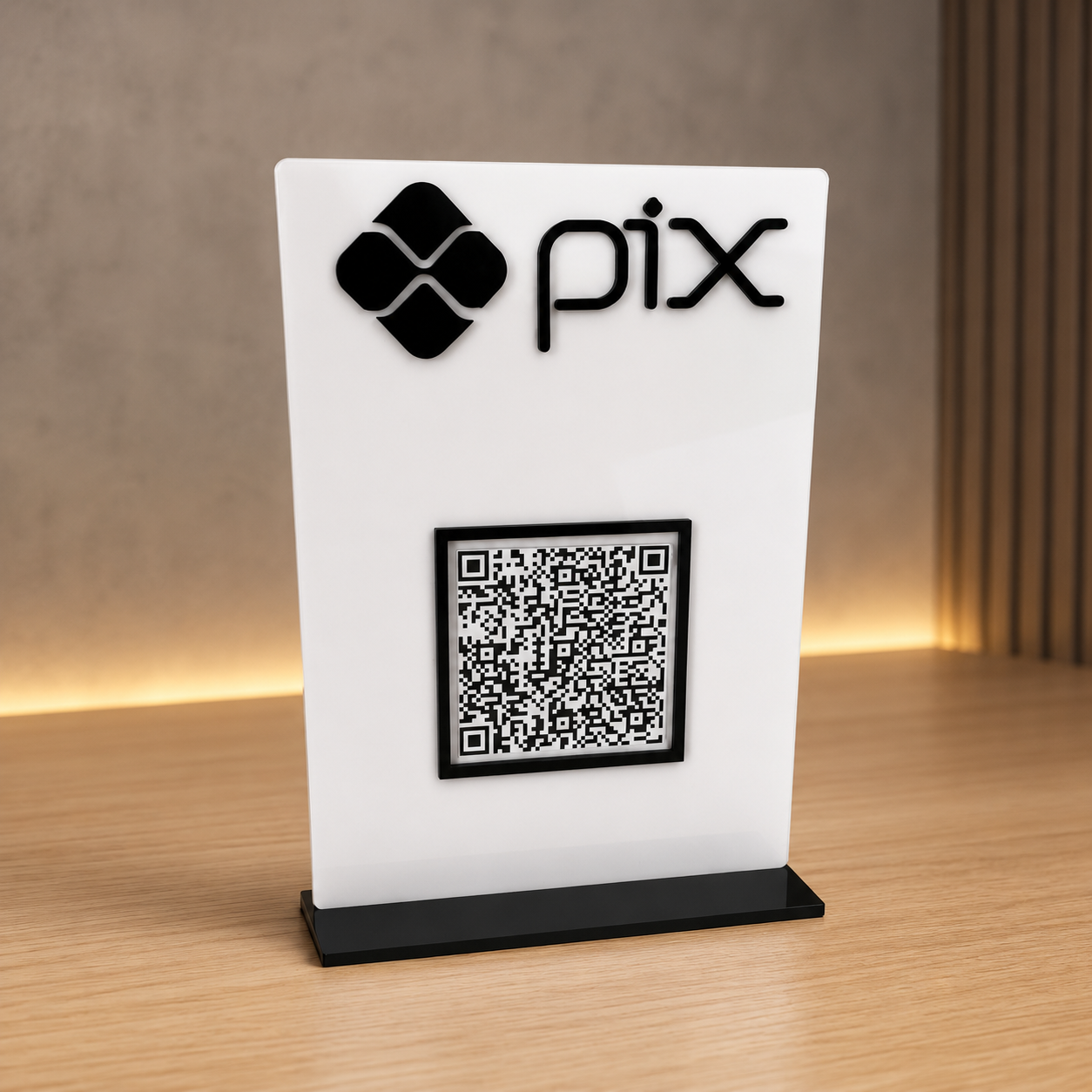 Placa Display Mini Qr Code em Acrílico Prata Preto deal para Pix, Instagram, WhatsApp, Wi-Fi, Google Avaliações e cardápios digitais.