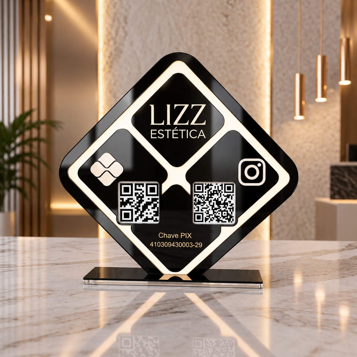 Placa Display Com 2 Qr Code em Acrílico Losangulo