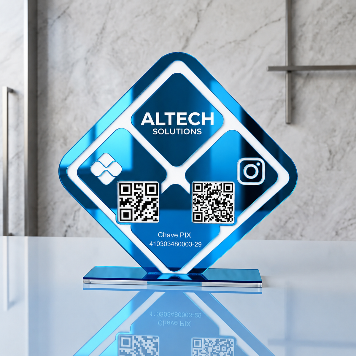 Placa Display Com 2 Qr Code em Acrílico Losangulo