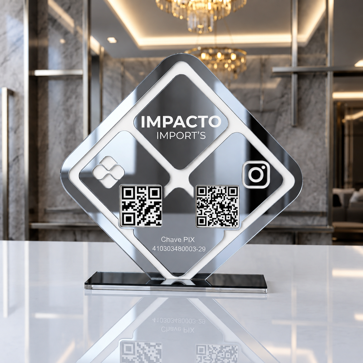 Placa Display Com 2 Qr Code em Acrílico Losangulo