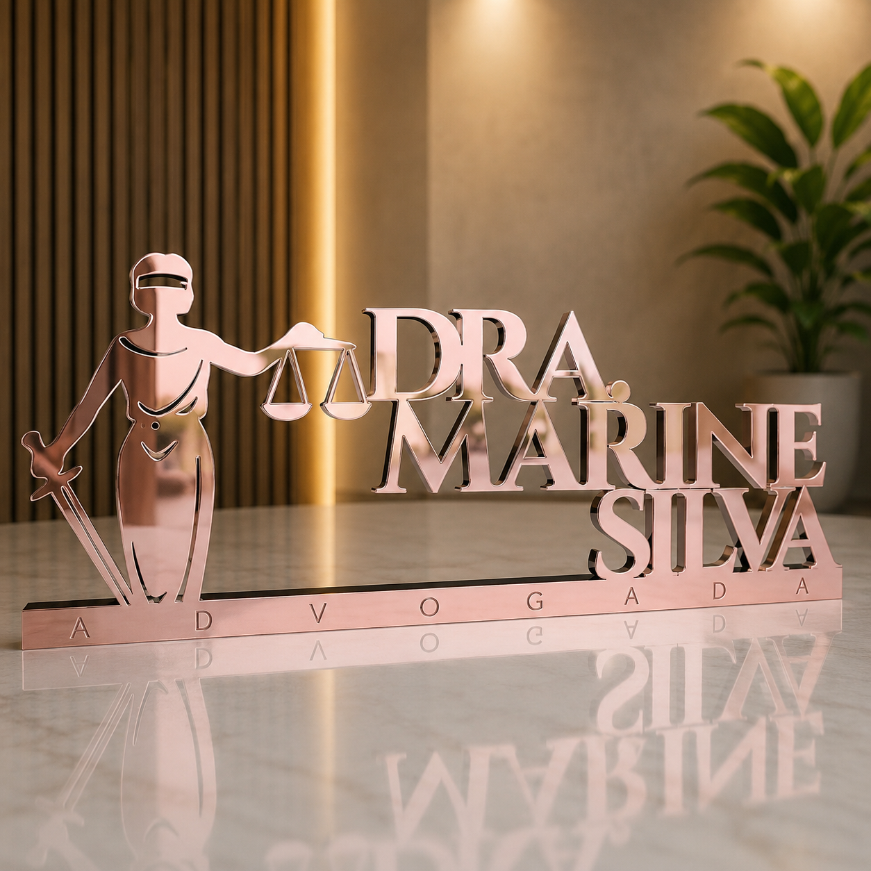 Letreiro de mesa em acrílico personalizado para advogados e escritórios de advocacia. Design elegante e profissional, produzido com corte a laser.