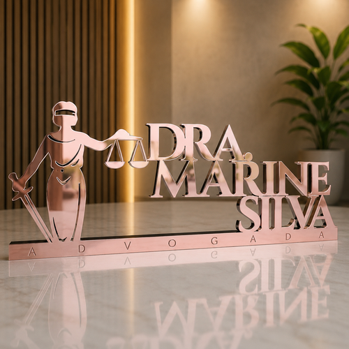 Letreiro de mesa em acrílico personalizado para advogados e escritórios de advocacia. Design elegante e profissional, produzido com corte a laser.