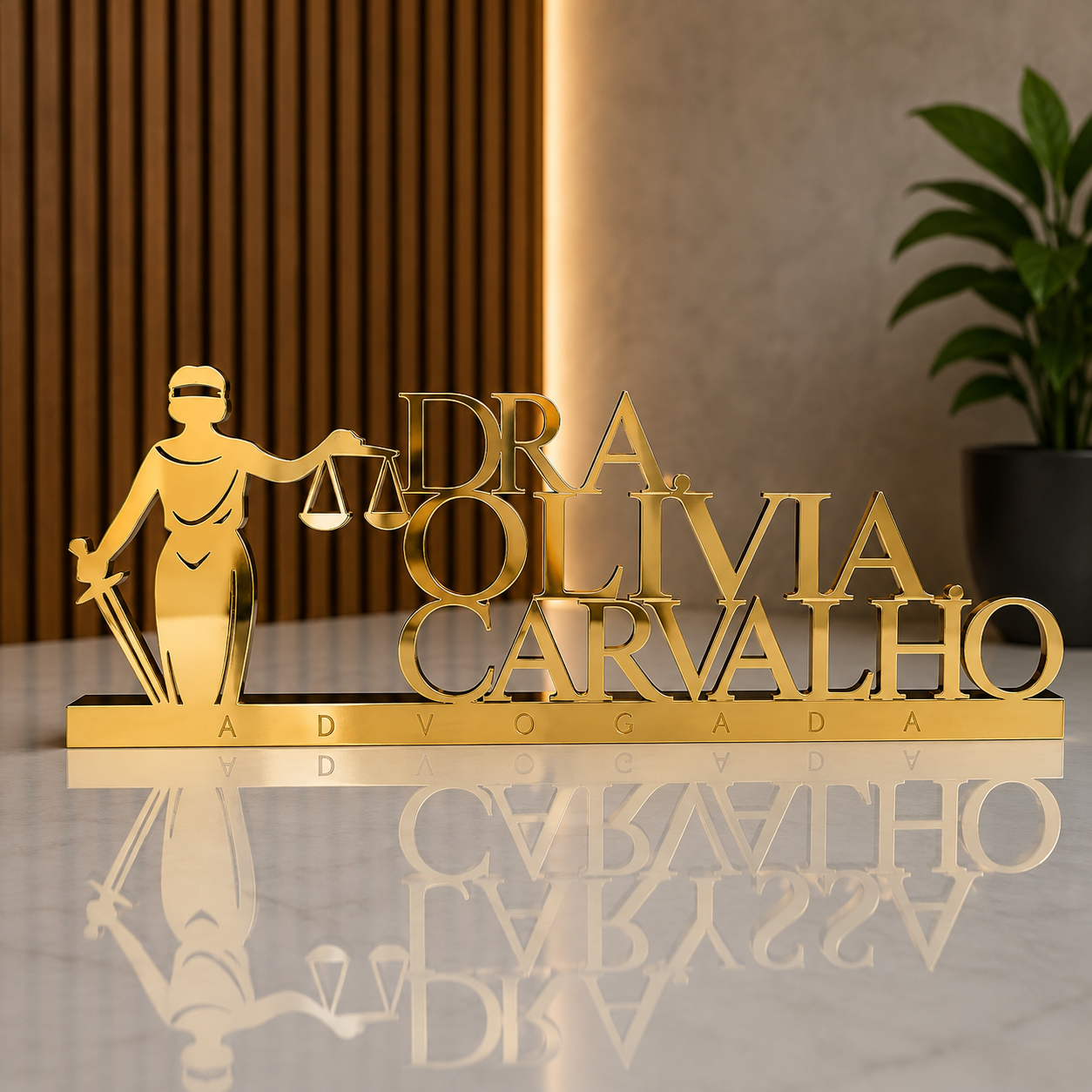 Letreiro de mesa em acrílico personalizado para advogados e escritórios de advocacia. Design elegante e profissional, produzido com corte a laser.