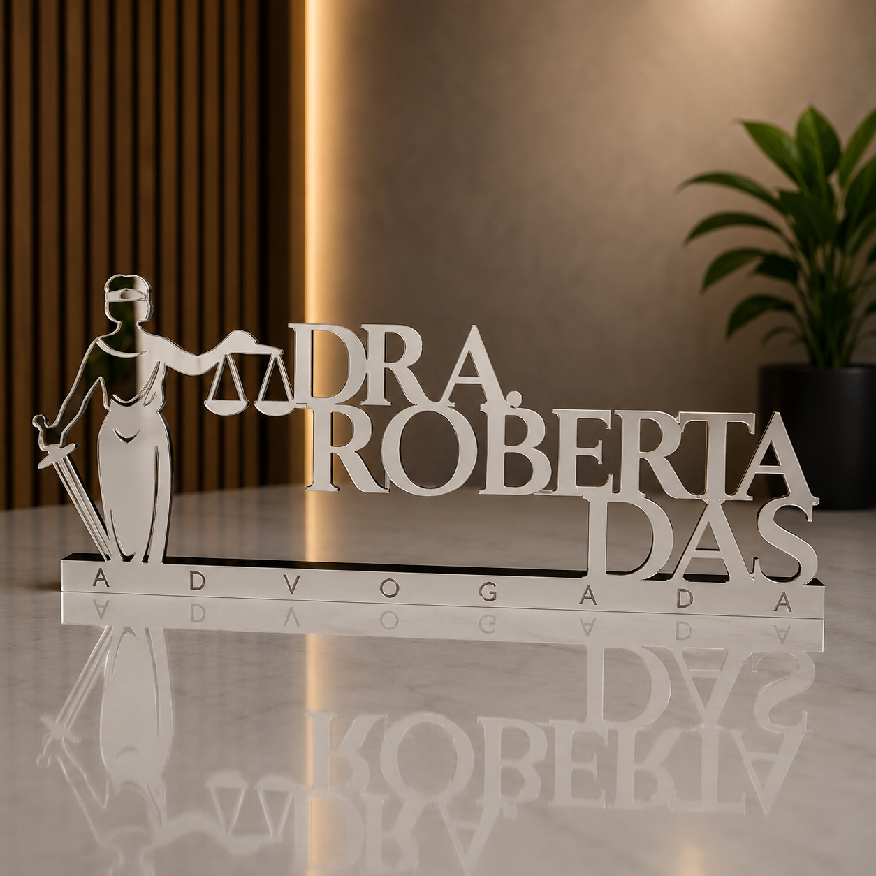 Letreiro de mesa em acrílico personalizado para advogados e escritórios de advocacia. Design elegante e profissional, produzido com corte a laser.