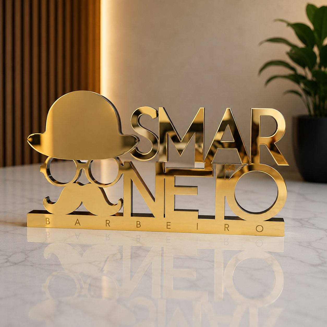 Letreiro de mesa para barbearia em acrílico personalizado. Destaque sua marca no balcão ou recepção com um design moderno, elegante e produzido a laser.