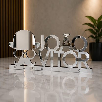 Letreiro de mesa para barbearia em acrílico personalizado. Destaque sua marca no balcão ou recepção com um design moderno, elegante e produzido a laser.