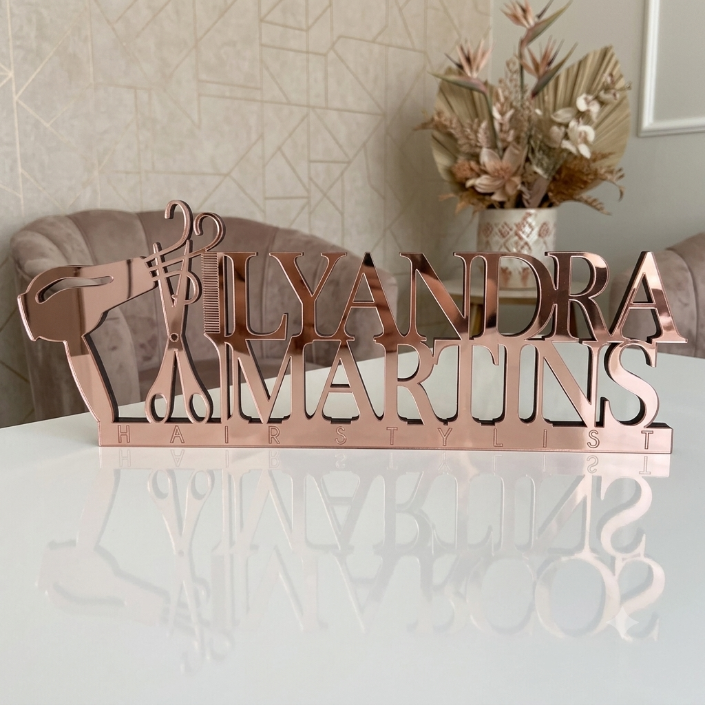 Destaque o seu salão com elegância e profissionalismo. O Letreiro de Mesa em Acrílico Personalizado é ideal para cabeleireiros, salões de beleza, barbearias e espaços de atendimento.