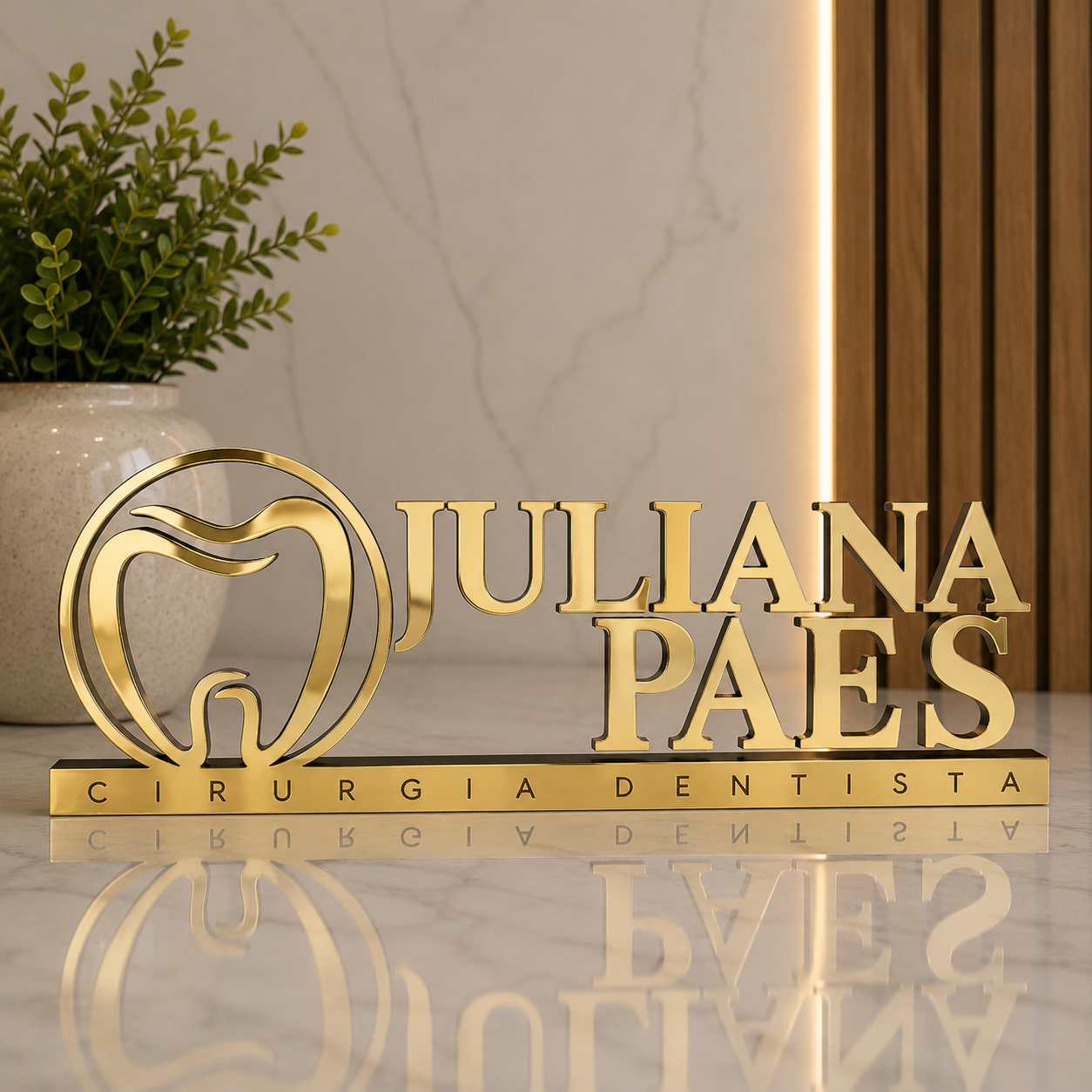 Letreiro de mesa em acrílico personalizado para dentistas e clínicas odontológicas. Ideal para recepção e consultório, com corte a laser e acabamento moderno.