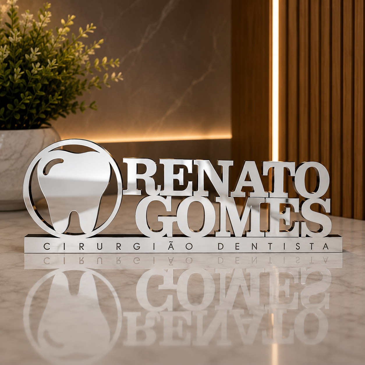 Letreiro de mesa em acrílico personalizado para dentistas e clínicas odontológicas. Ideal para recepção e consultório, com corte a laser e acabamento moderno.