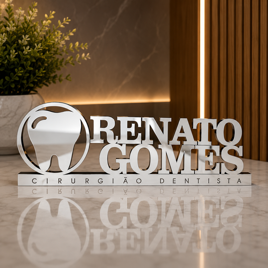 Letreiro de mesa em acrílico personalizado para dentistas e clínicas odontológicas. Ideal para recepção e consultório, com corte a laser e acabamento moderno.