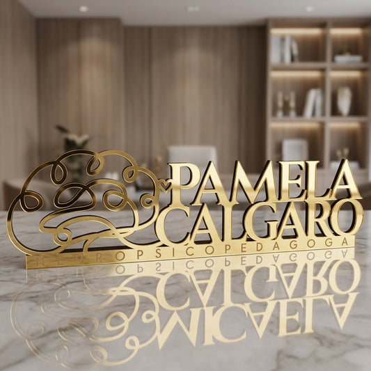 Letreiro de mesa em acrílico personalizado para psicólogos e consultórios. Ideal para recepção, mesa de atendimento e ambientes profissionais. Produção a laser.