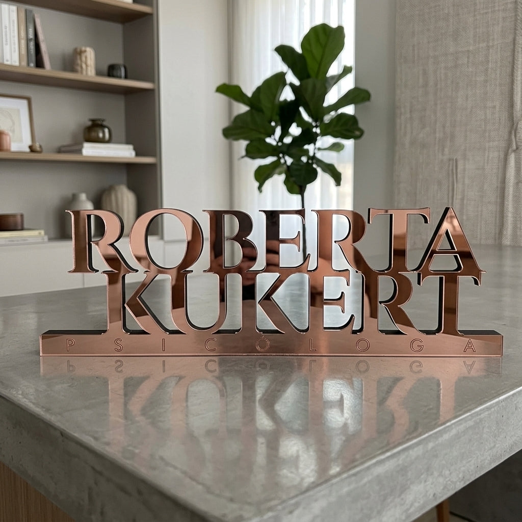 Letreiro de mesa em acrílico personalizado para psicólogos e consultórios. Ideal para recepção, mesa de atendimento e ambientes profissionais. Produção a laser.