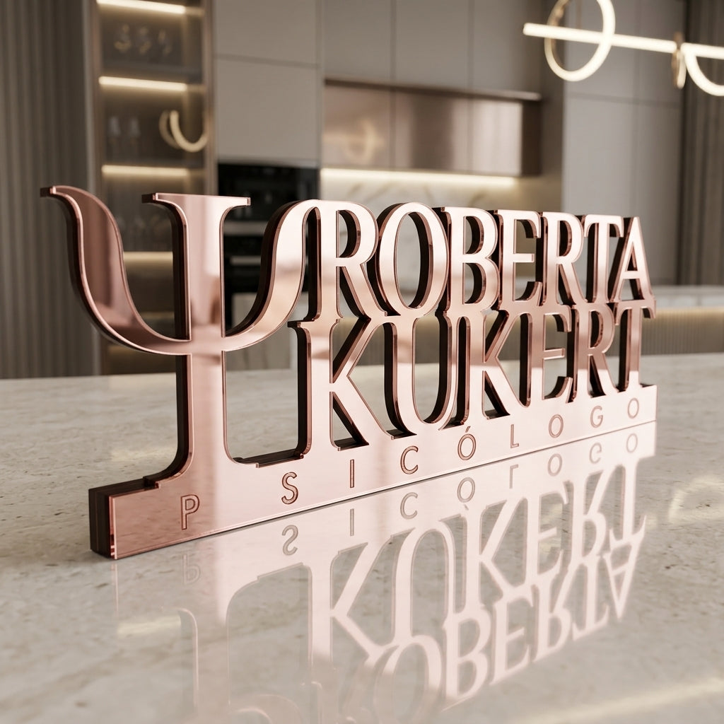 Letreiro de mesa em acrílico personalizado para psicólogos e consultórios. Ideal para recepção, mesa de atendimento e ambientes profissionais. Produção a laser.