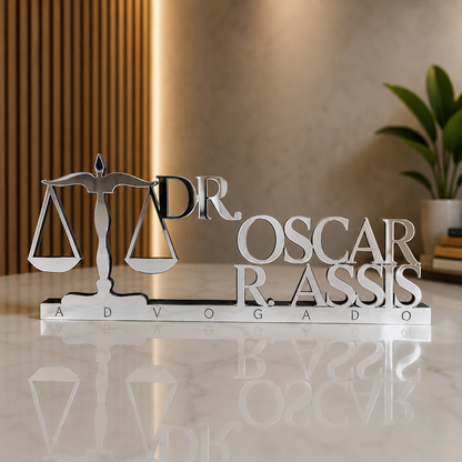 Letreiro de mesa em acrílico personalizado para advogados e escritórios de advocacia. Design elegante e profissional, produzido com corte a laser.