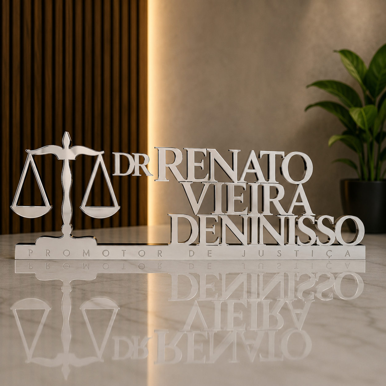 Letreiro de mesa em acrílico personalizado para advogados e escritórios de advocacia. Design elegante e profissional, produzido com corte a laser.