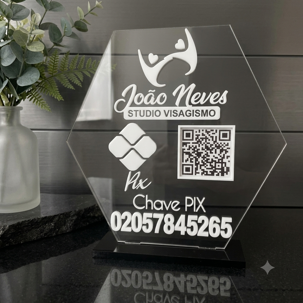 Placa Display 1 QR Code em acrílico personalizada com logotipo. Ideal para Pix, Instagram, WhatsApp, Wi-Fi, Google Avaliações e cardápios digitais. 