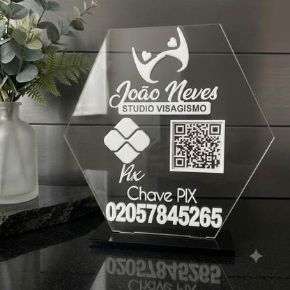 Placa Display 1 QR Code em acrílico personalizada com logotipo. Ideal para Pix, Instagram, WhatsApp, Wi-Fi, Google Avaliações e cardápios digitais. 