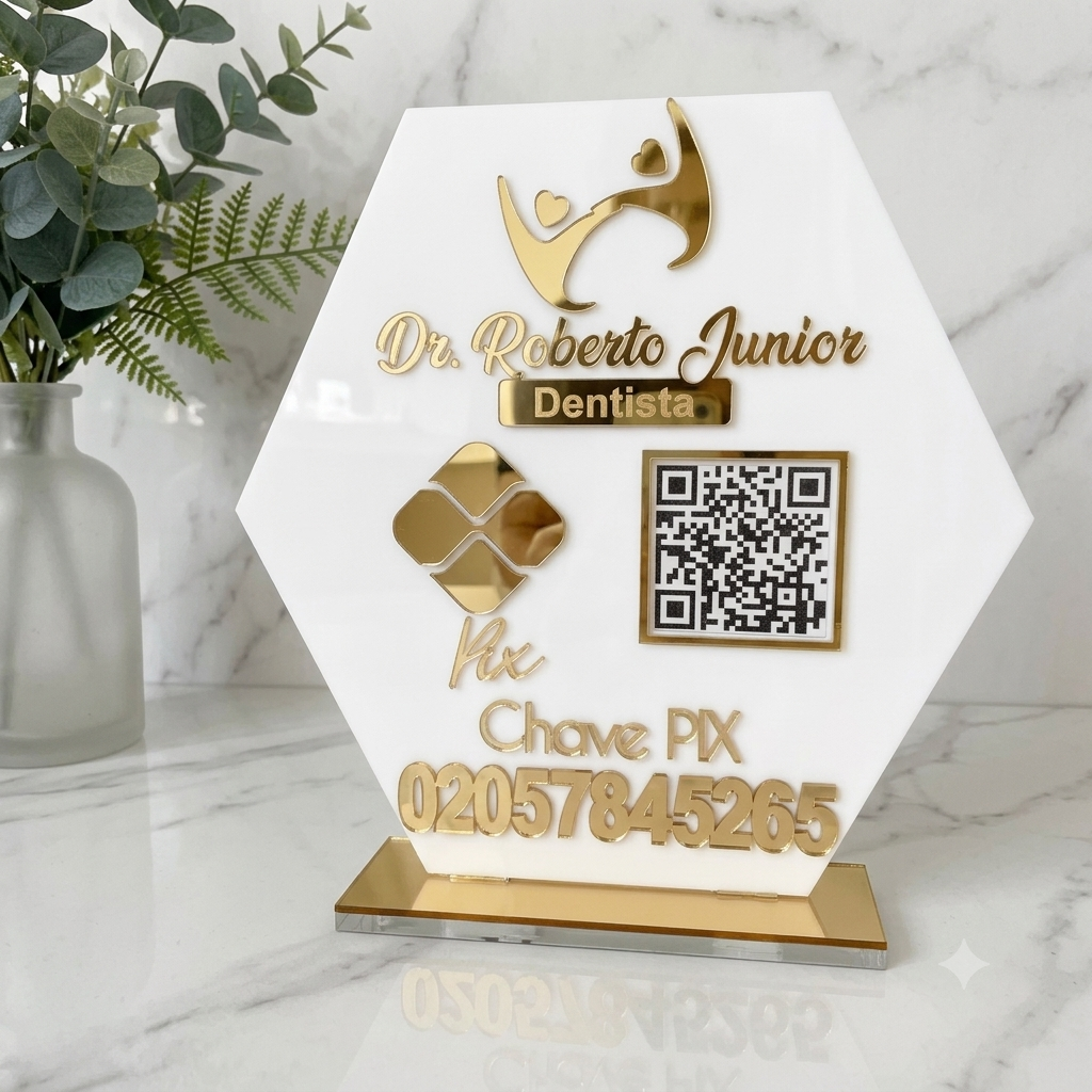 Placa Display 1 QR Code em acrílico personalizada com logotipo. Ideal para Pix, Instagram, WhatsApp, Wi-Fi, Google Avaliações e cardápios digitais. 