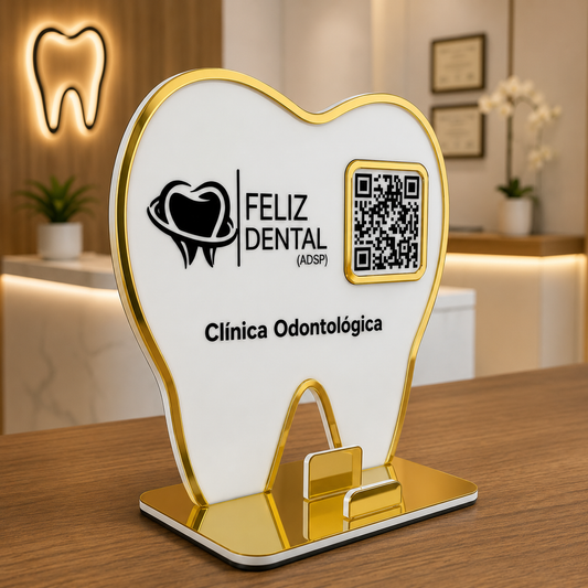 Placa Display 1 QR Code em acrílico odontologia personalizada com logotipo. Ideal para Pix, Instagram, WhatsApp, Wi-Fi, Google Avaliações e cardápios digitais.