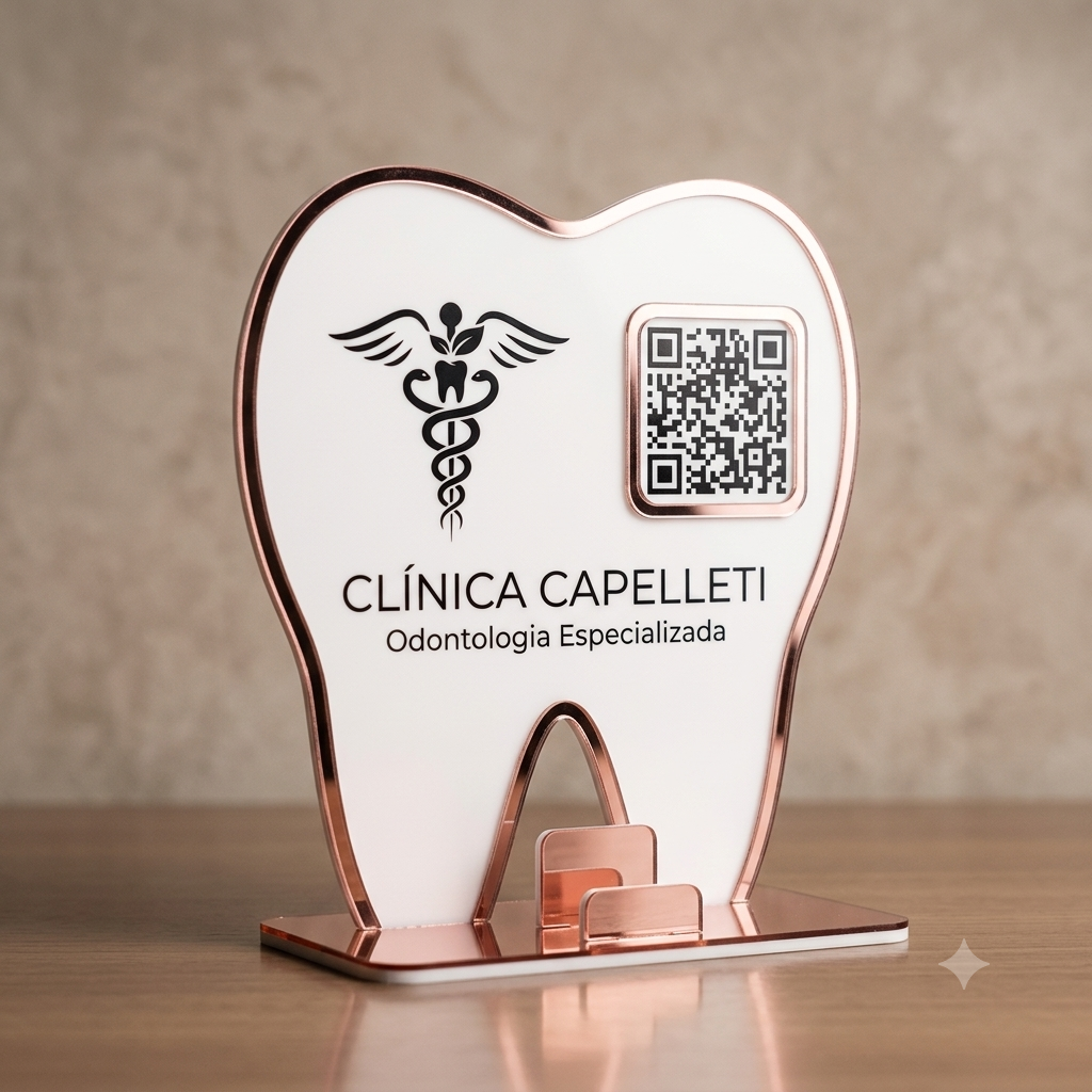 Placa Display 1 QR Code em acrílico odontologia personalizada com logotipo. Ideal para Pix, Instagram, WhatsApp, Wi-Fi, Google Avaliações e cardápios digitais.