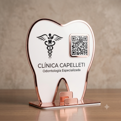 Placa Display 1 QR Code em acrílico odontologia personalizada com logotipo. Ideal para Pix, Instagram, WhatsApp, Wi-Fi, Google Avaliações e cardápios digitais.
