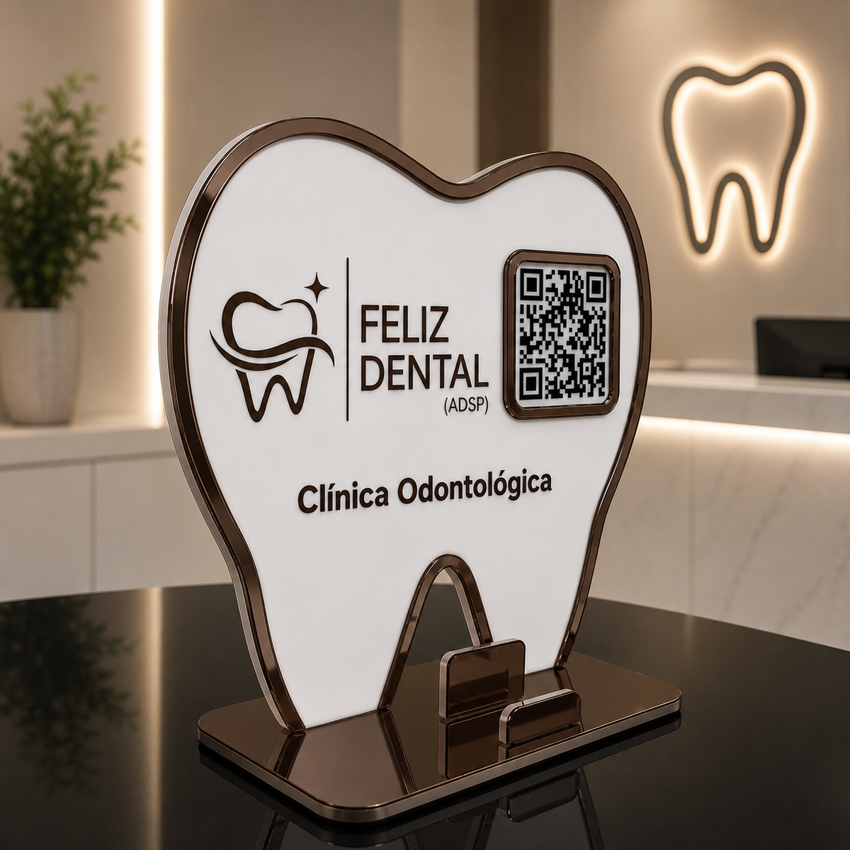 Placa Display 1 QR Code em acrílico odontologia personalizada com logotipo. Ideal para Pix, Instagram, WhatsApp, Wi-Fi, Google Avaliações e cardápios digitais.