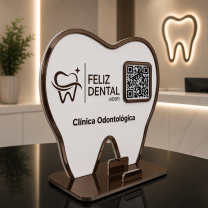 Placa Display 1 QR Code em acrílico odontologia personalizada com logotipo. Ideal para Pix, Instagram, WhatsApp, Wi-Fi, Google Avaliações e cardápios digitais.