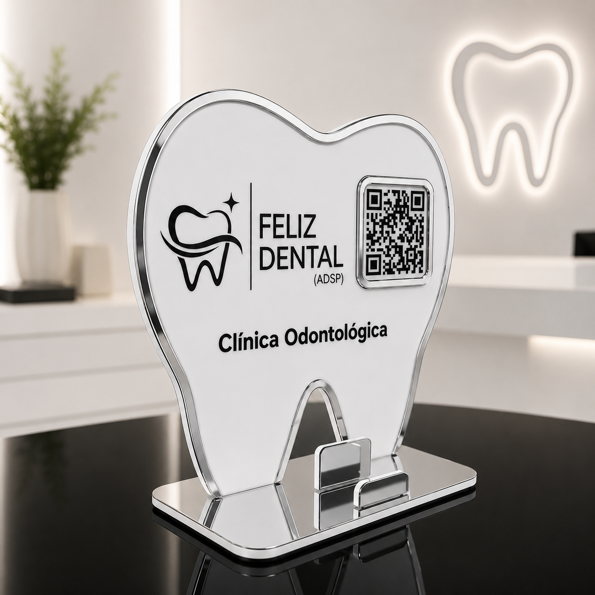 Placa Display 1 QR Code em acrílico odontologia personalizada com logotipo. Ideal para Pix, Instagram, WhatsApp, Wi-Fi, Google Avaliações e cardápios digitais.