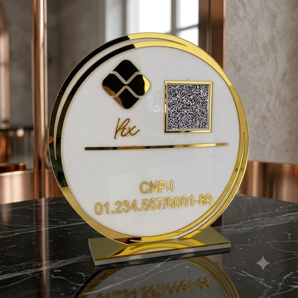 Placa Display 1 QR Code em acrílico redondo personalizada com logotipo. Ideal para Pix, Instagram, WhatsApp, Wi-Fi, Google Avaliações e cardápios digitais