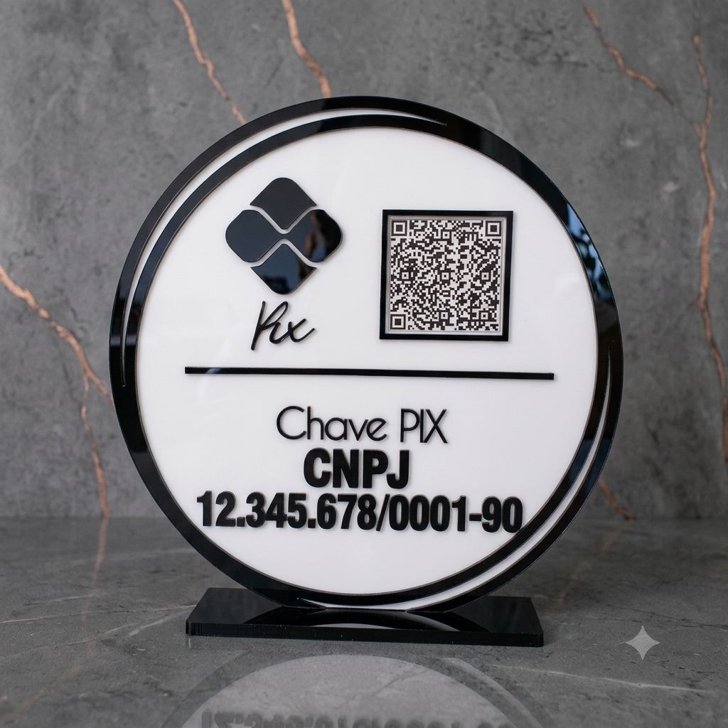 Placa Display 1 QR Code em acrílico redondo personalizada com logotipo. Ideal para Pix, Instagram, WhatsApp, Wi-Fi, Google Avaliações e cardápios digitais