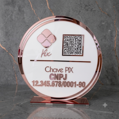 Placa Display 1 QR Code em acrílico redondo personalizada com logotipo. Ideal para Pix, Instagram, WhatsApp, Wi-Fi, Google Avaliações e cardápios digitais