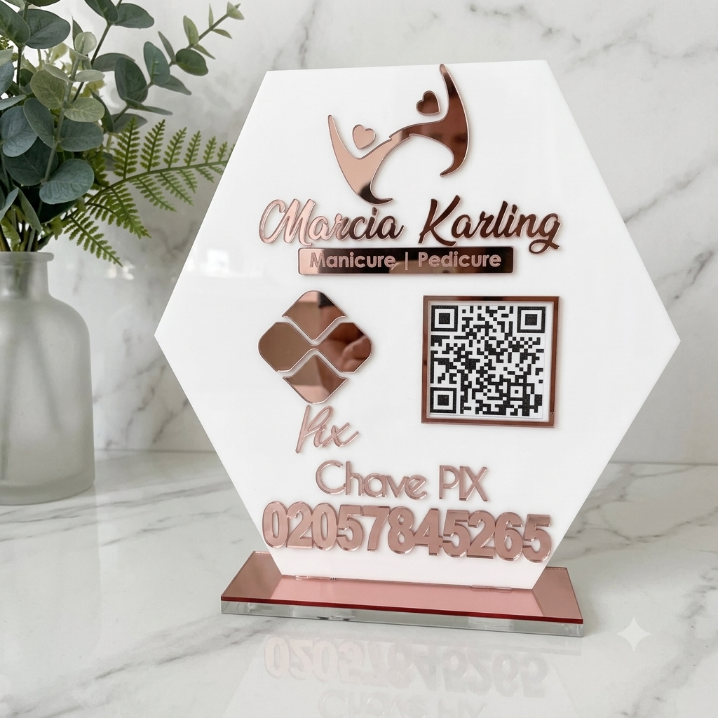 Placa Display 1 QR Code em acrílico personalizada com logotipo. Ideal para Pix, Instagram, WhatsApp, Wi-Fi, Google Avaliações e cardápios digitais. 
