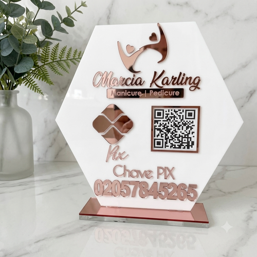 Placa Display 1 QR Code em acrílico personalizada com logotipo. Ideal para Pix, Instagram, WhatsApp, Wi-Fi, Google Avaliações e cardápios digitais. 