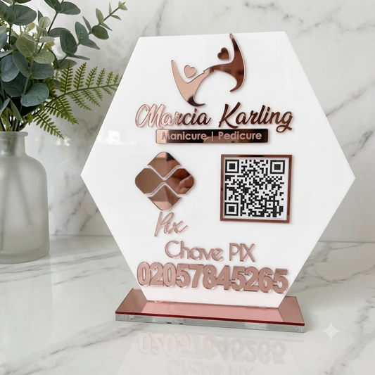 Placa Display 1 QR Code em acrílico personalizada com logotipo. Ideal para Pix, Instagram, WhatsApp, Wi-Fi, Google Avaliações e cardápios digitais. 