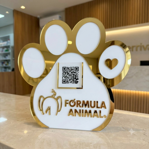 Placa Display 1 QR Code em acrílico veterinária personalizada com logotipo. Ideal para Pix, Instagram, WhatsApp, Wi-Fi, Google Avaliações e cardápios digitais.