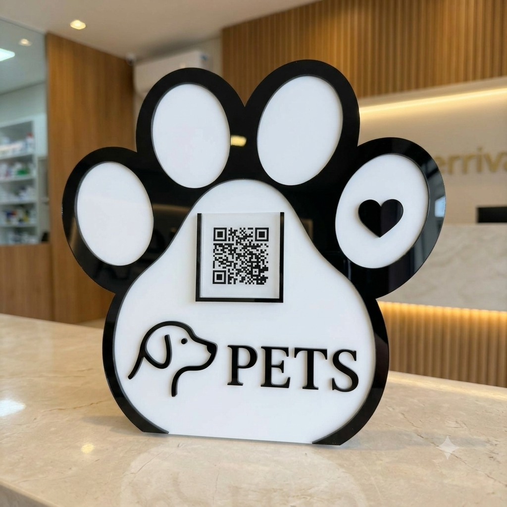 Placa Display 1 QR Code em acrílico veterinária personalizada com logotipo. Ideal para Pix, Instagram, WhatsApp, Wi-Fi, Google Avaliações e cardápios digitais.