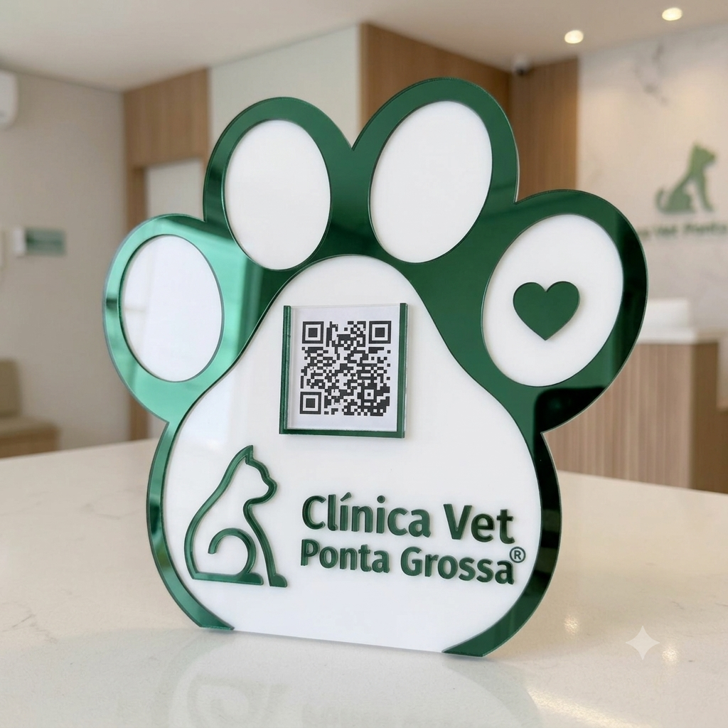 Placa Display 1 QR Code em acrílico veterinária personalizada com logotipo. Ideal para Pix, Instagram, WhatsApp, Wi-Fi, Google Avaliações e cardápios digitais.