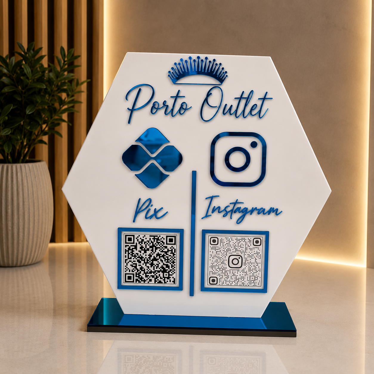 Placa Display 2 QR Code em acrílico personalizada com logotipo. Ideal para Pix, Instagram, WhatsApp, Wi-Fi, Google Avaliações e cardápios digitais. 