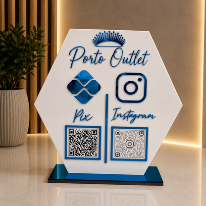 Placa Display 2 QR Code em acrílico personalizada com logotipo. Ideal para Pix, Instagram, WhatsApp, Wi-Fi, Google Avaliações e cardápios digitais. 