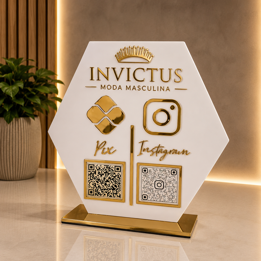 Placa Display 2 QR Code em acrílico personalizada com logotipo. Ideal para Pix, Instagram, WhatsApp, Wi-Fi, Google Avaliações e cardápios digitais. 