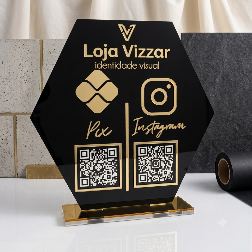 Placa Display 2 QR Code em acrílico personalizada com logotipo. Ideal para Pix, Instagram, WhatsApp, Wi-Fi, Google Avaliações e cardápios digitais. 