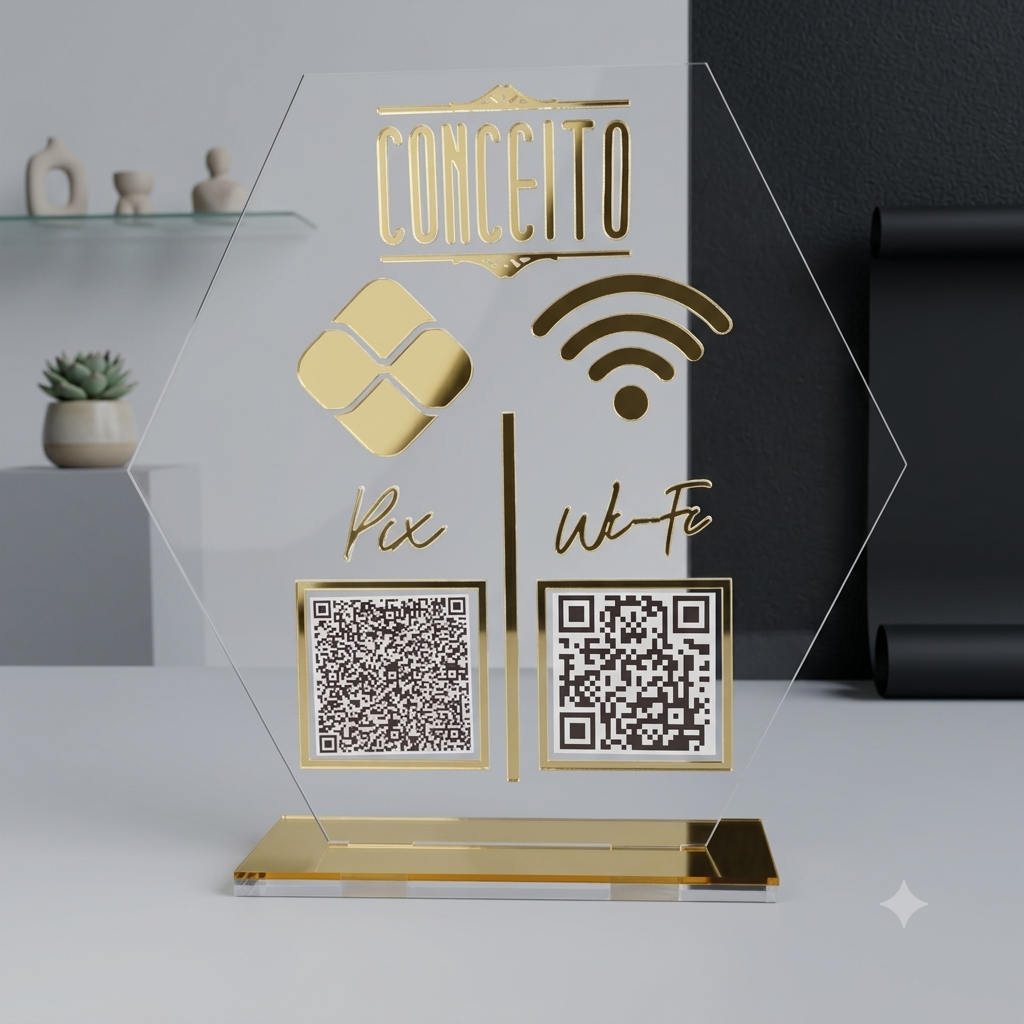 Placa Display 2 QR Code em acrílico personalizada com logotipo. Ideal para Pix, Instagram, WhatsApp, Wi-Fi, Google Avaliações e cardápios digitais. 