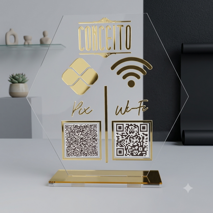 Placa Display 2 QR Code em acrílico personalizada com logotipo. Ideal para Pix, Instagram, WhatsApp, Wi-Fi, Google Avaliações e cardápios digitais. 