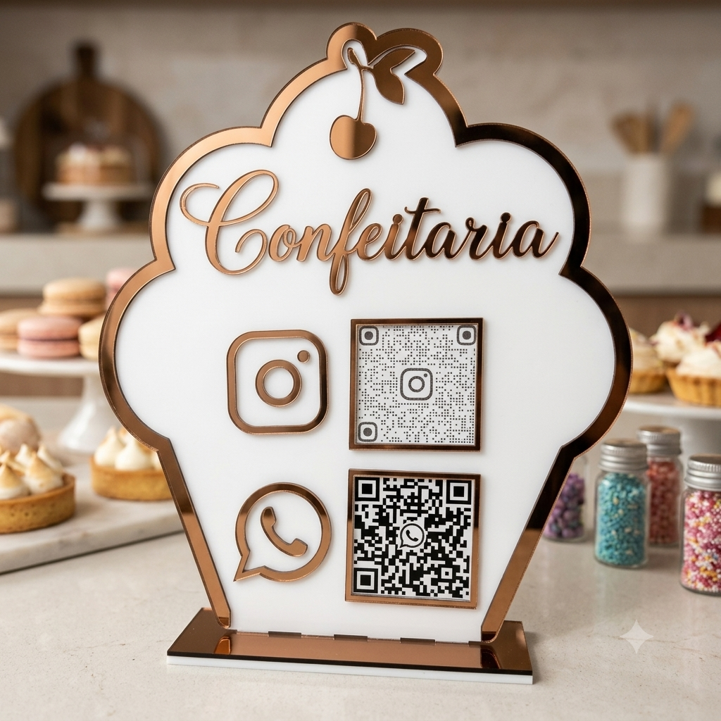 Placa Display 2 QR Code em acrílico Confeitaria, doceria personalizado com logotipo. Ideal para Pix, Instagram, WhatsApp, Wi-Fi, Google Avaliações e cardápios digitais. 