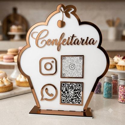 Placa Display 2 QR Code em acrílico Confeitaria, doceria personalizado com logotipo. Ideal para Pix, Instagram, WhatsApp, Wi-Fi, Google Avaliações e cardápios digitais. 