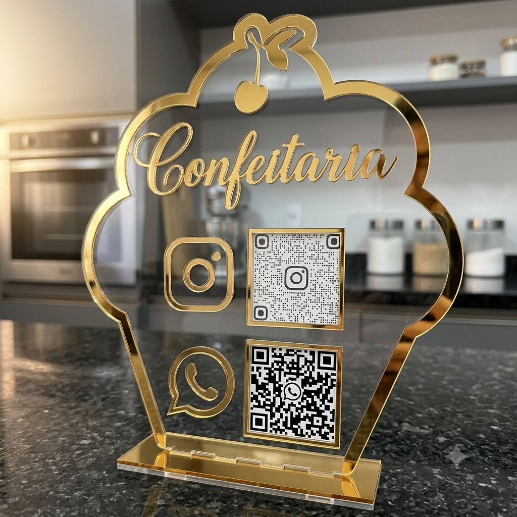 Placa Display 2 QR Code em acrílico Confeitaria, doceria personalizado com logotipo. Ideal para Pix, Instagram, WhatsApp, Wi-Fi, Google Avaliações e cardápios digitais. 