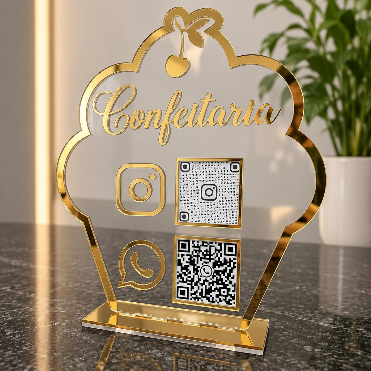 Placa Display 2 QR Code em acrílico Confeitaria, doceria personalizado com logotipo. Ideal para Pix, Instagram, WhatsApp, Wi-Fi, Google Avaliações e cardápios digitais. Compacta, moderna e produzida sob medida.