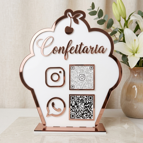 Placa Display 2 QR Code em acrílico Confeitaria, doceria personalizado com logotipo. Ideal para Pix, Instagram, WhatsApp, Wi-Fi, Google Avaliações e cardápios digitais. 