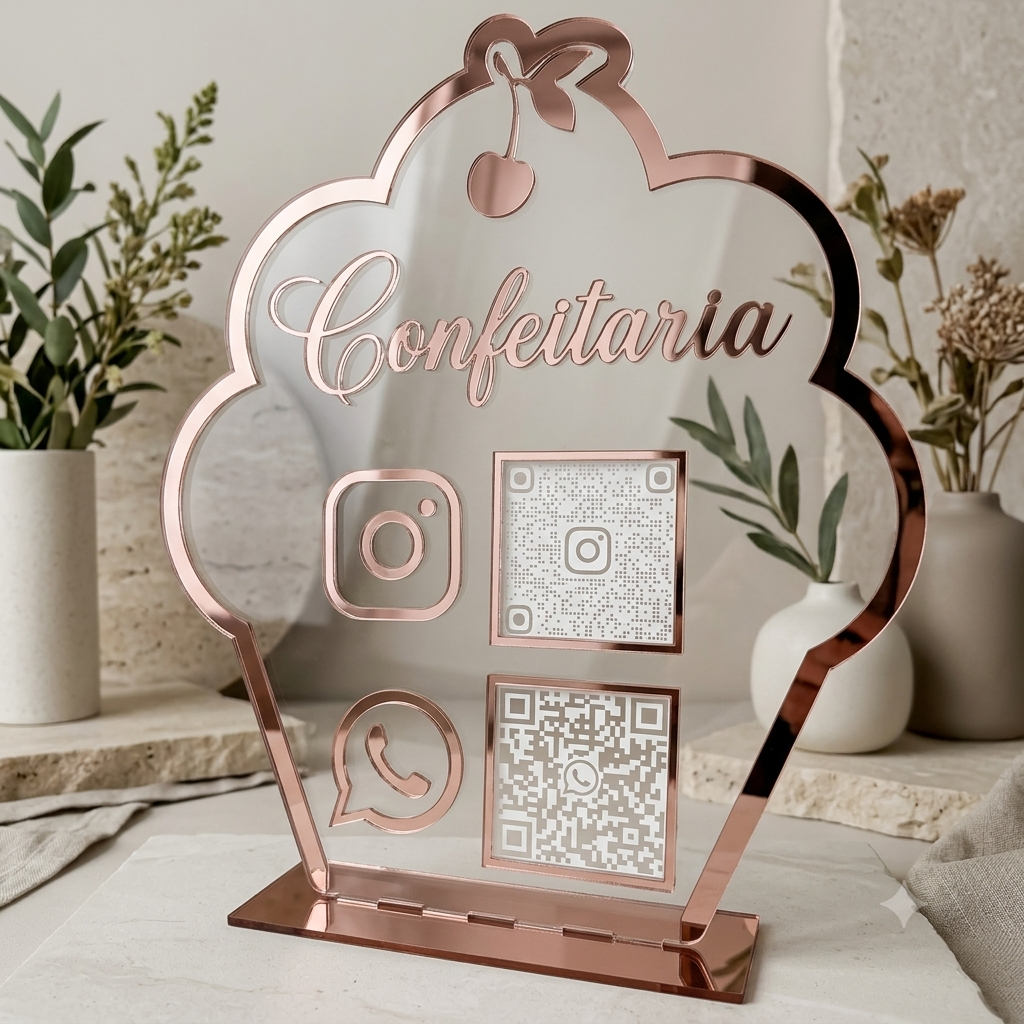 Placa Display 2 QR Code em acrílico Confeitaria, doceria personalizado com logotipo. Ideal para Pix, Instagram, WhatsApp, Wi-Fi, Google Avaliações e cardápios digitais. 